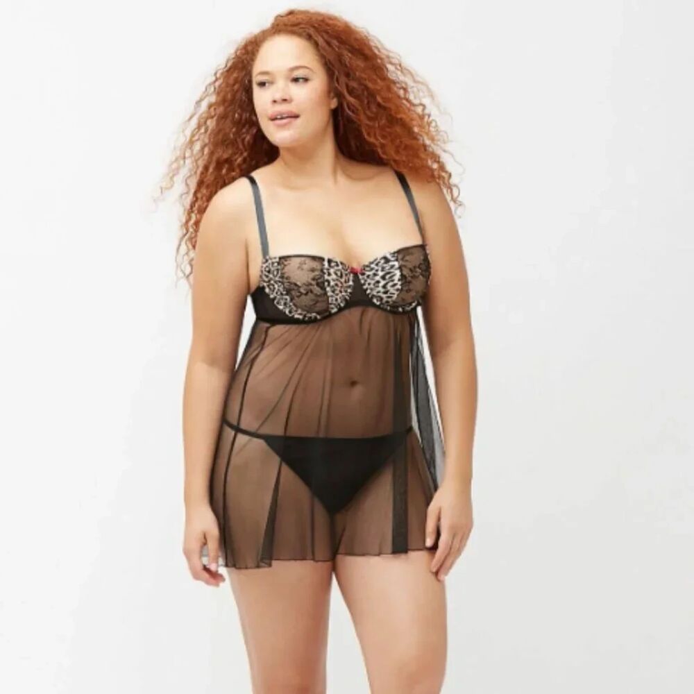 Cacique Leopard Print Sheer Lace Baby Doll Negligee Lingerie Teddy Woman's 26/28